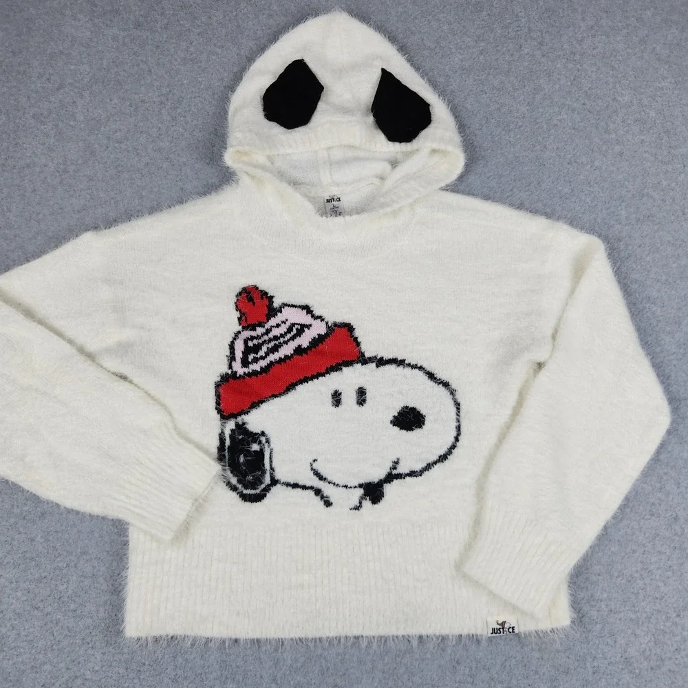 Justice Hooded Sweater Girls L 12/14 White Snoopy Peanuts Eyelash Knit 3D Ears